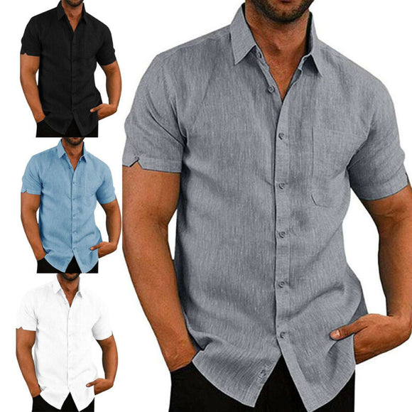 Solid Mens Linen Short Sleeve Blouse