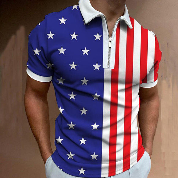 Summer Men Streetwear Flag Print Casual Polo Shirts